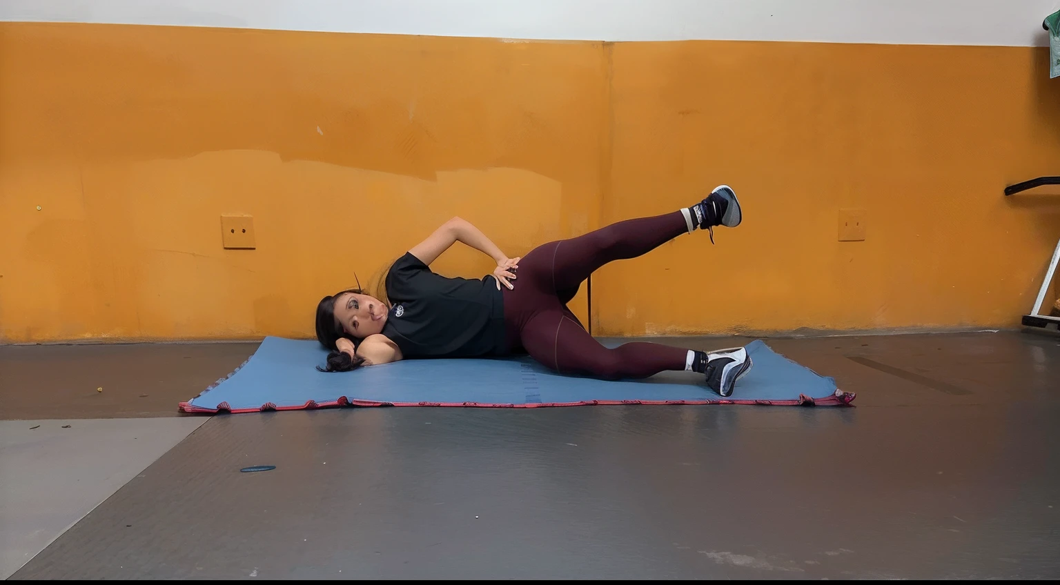 there is a woman doing a crunch on a mat in a gym, lying dynamic pose, abs, working out, 6 pack ab, toned, tummy, sweaty abs, in a gym, with abs, workout, a hyper realistic, full body pose, dramatic floating pose, in a jumping float pose, fit woman, perfect dynamic body form, fitness, toned shape, stretch
