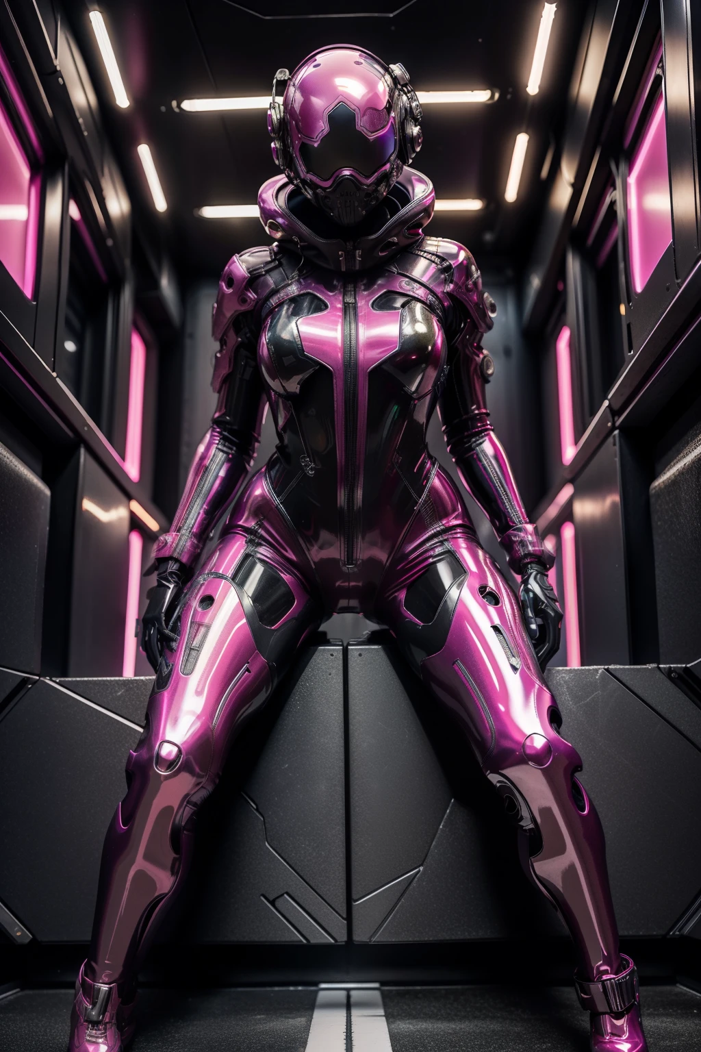 Full body like,(RAW photo:1.2),Pink latex jumpsuit,Hollow-out on,Holt collar, latex shiny,tight-fitting,sweat leggs,White liquid, Pink body, wearing atsuko kudo latex outfit, wearing tight suit, Smooth pink skin, catsuits, Wearing latex, shiny plastic, shiny metallic glossy skin, The color of pink glow, latex outfit, chrome bodysuit, cyberpunk glossy latex suit, Shiny, futuristic glossy latex suit spread their legs M-shaped legs angry look sullenness Irritated,white liquid all over body,