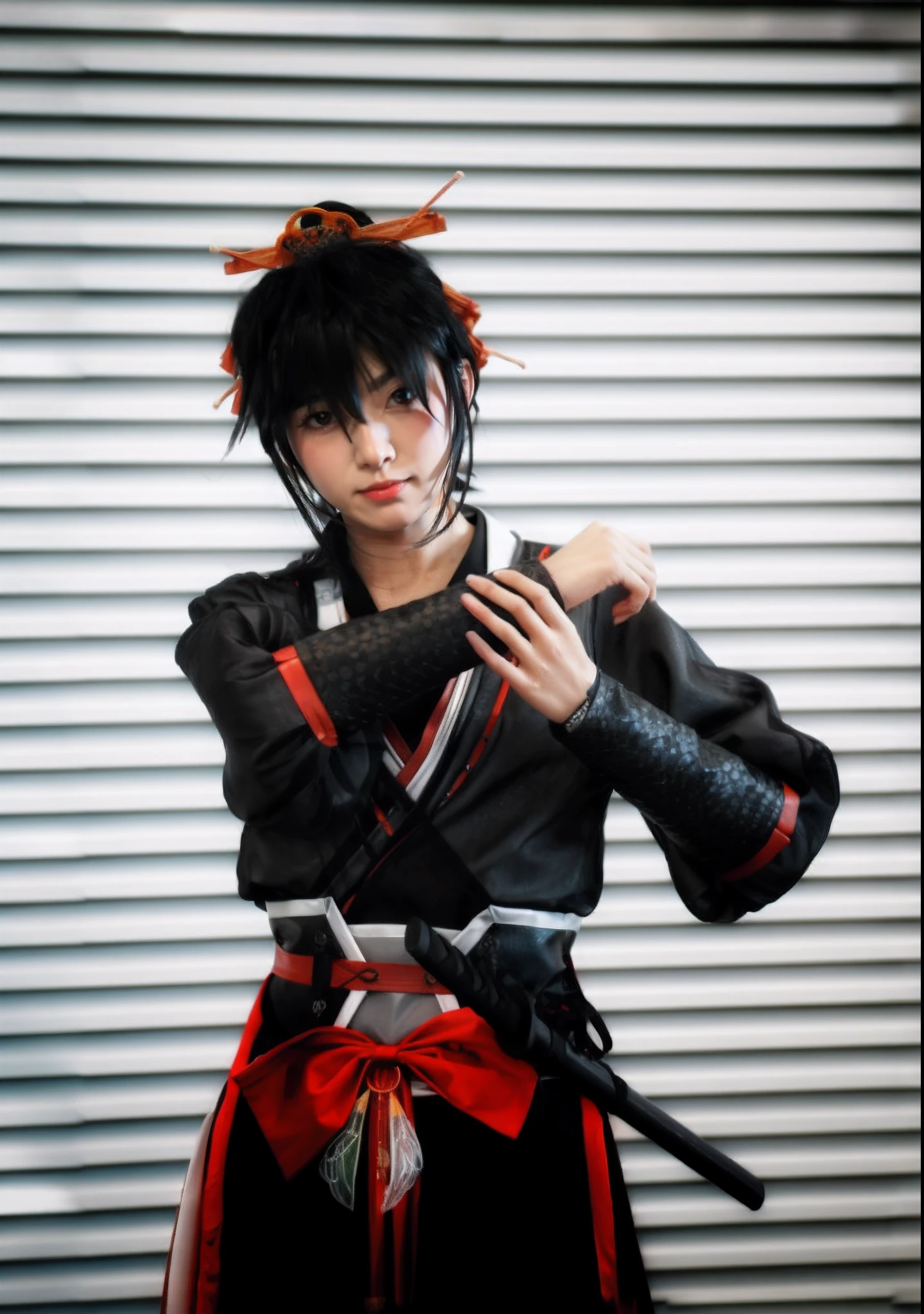 Eightfeld Asian woman posing for a photo in black and red, Anime cosplay, zhongli from genshin impact, cosplay foto,, inspirado em Okumura Masanobu, Keqing from Genshin Impact, cosplay, professional cosplay, rpgmaker, Kazuto Okada，Hirase Jinyao Art，overhead angle of a Will-o'-the-wisp，Equirectangular columnar 360，A high resolution，[（The art of Willie Baumeister：1.1），（John T.Biggs' art：1.2）：：17]，offcial art，Unity 8k壁纸，ultra - detailed，aesthetics，tmasterpiece，best qualtiy，realisticlying，Background replacement，Ancient architecture，Ancient palace，