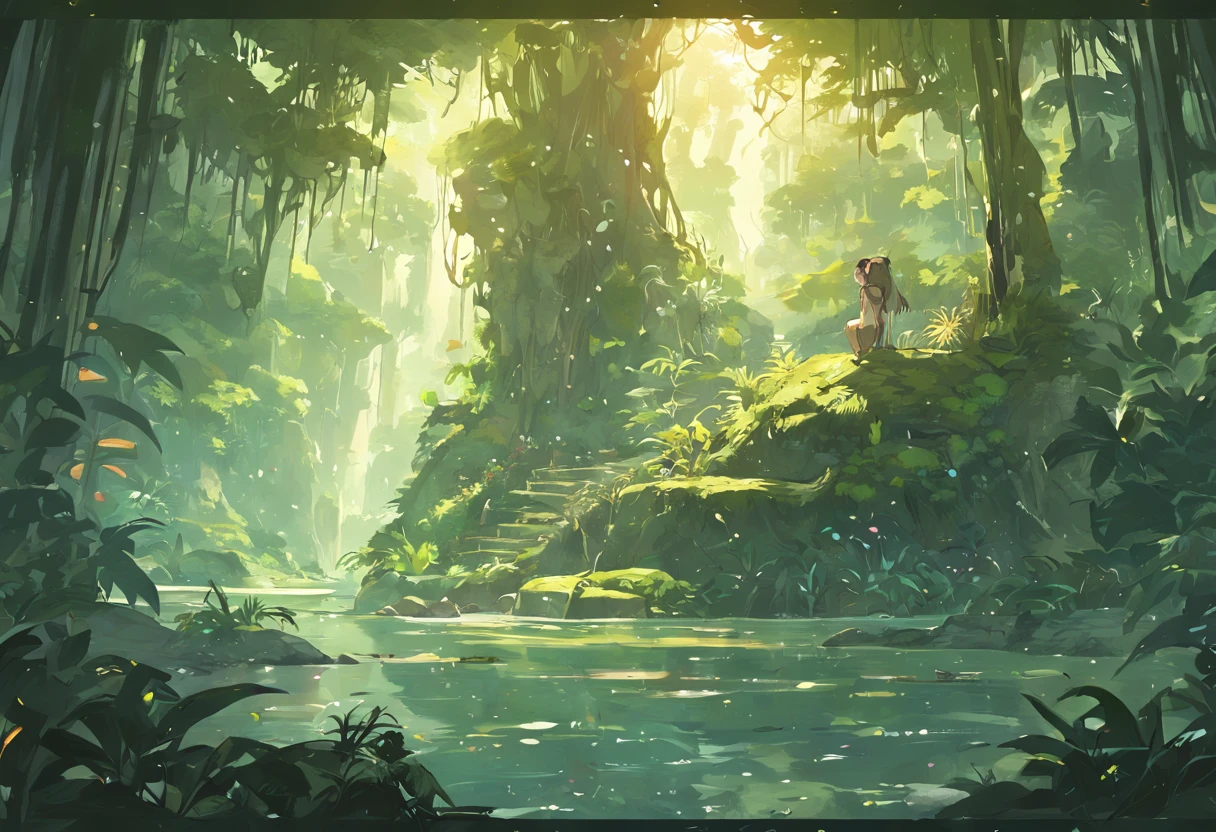 Detailed and intricate digital illustration of a dense jungle full of exotic plants and animals, sunlight filtering through the canopy to create a mottled effect. Amano and Miyazaki's style, masterpiece, proportions, a large stone in the middle of the water, beautiful lighting, realistic, complex, award-winning, 4k, highest quality award-winning, 4K digital painting in the style of Yoshitaka Amano. A detailed and complex depiction of the zombie apocalypse, subtly capturing the chaos and drama of the scene. Beautiful lighting and cinematic composition make this piece a true masterpiece, popular on ArtStation,fantasy,ship wreak, ancient temple,temple,
