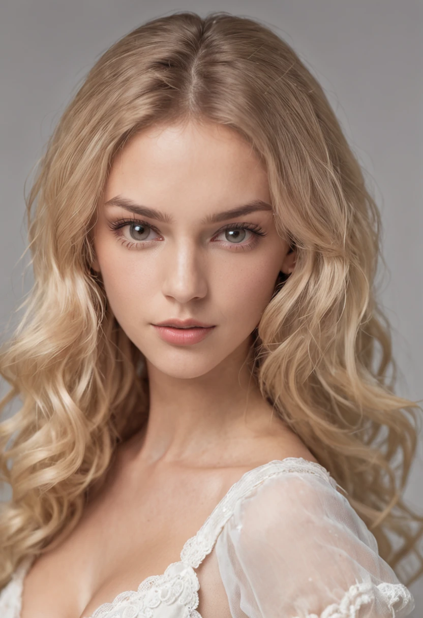 A 19-year-old woman with long, wavy, blonde hair, oval face, classic lip shape, small elegant nose, white delicate skin, brown eyes, long eyelashes, super detailed eyes, detailed lips, tall, 180 cm, weight 50 kg, round breasts of medium size, athletic figure, sexy body . The lighting is soft and natural, with extremely high detail (8k), shot with Fujifilm XT3, sharp focus at f/5.6, 50mm. . The image should be extremely realistic and sensual, with a clear focus and high detail.