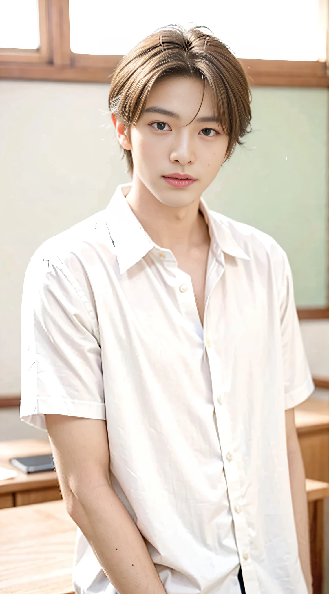tmasterpiece，best qualtiy，hight resolution，超A high resolution，1 male、Johnny's，realisticlying，Young men，韓国アイドル、Handsome face，natural soft light，looking at viewert，student clothes、‎Classroom