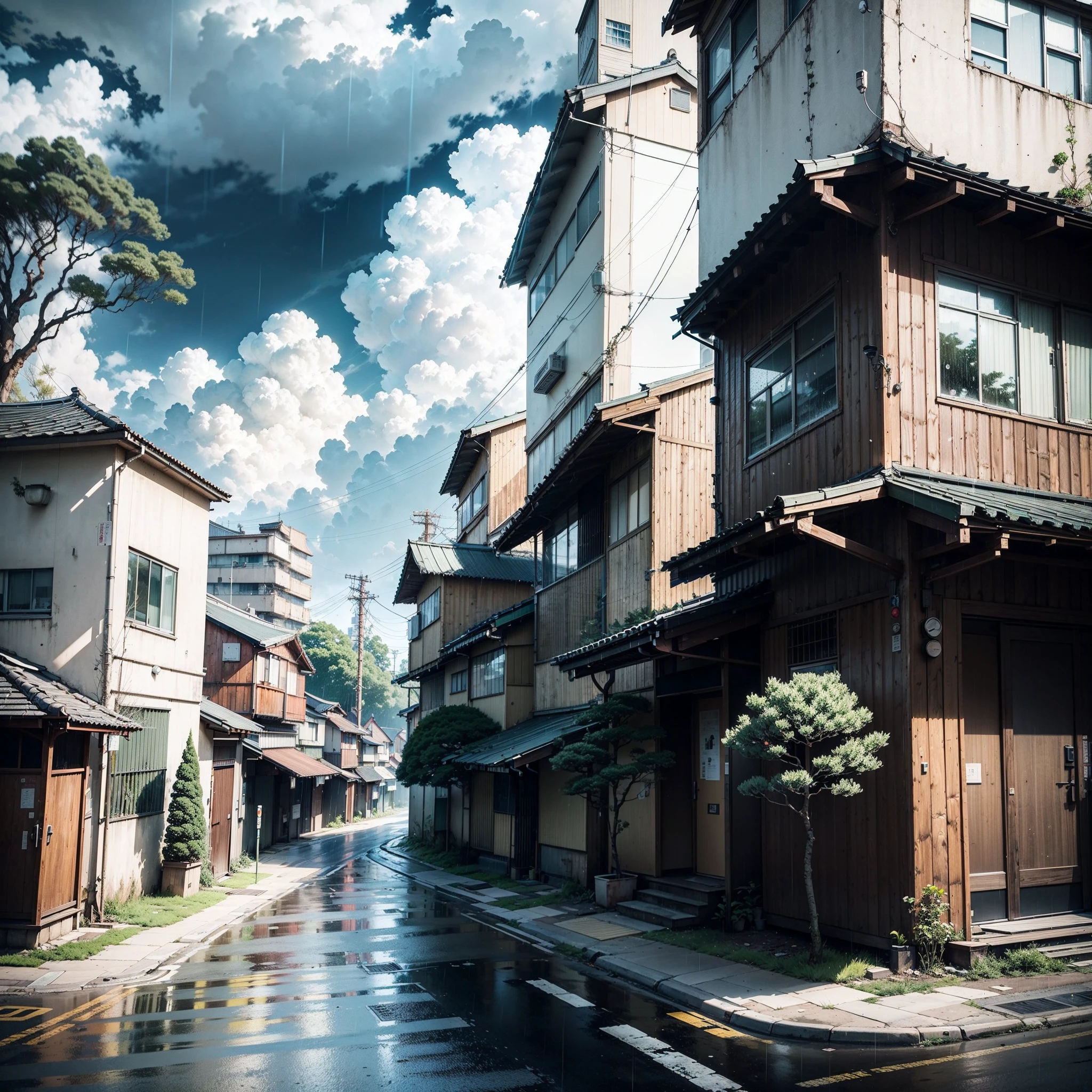 raining, gloomy weather. Japanese bus stop, surrounded by trees and vegetation on one side of the street and modern japanese buildings on the other side. Best quality. No one in sight. Anime. Anime style. lofi. dramatic weather. wide view, wide angle. Next to street. Modern village