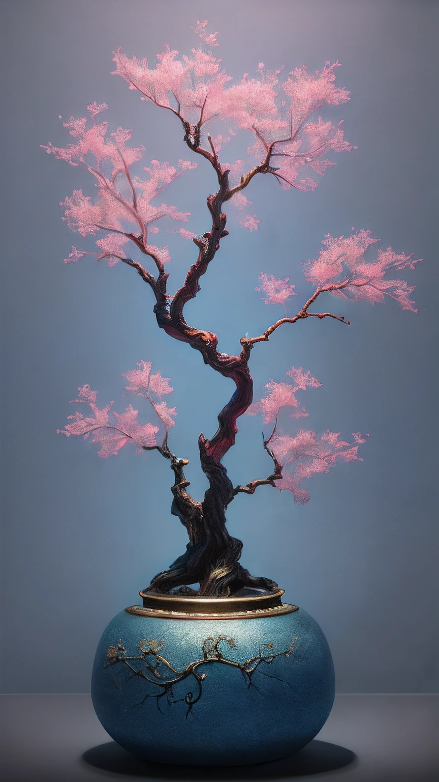 Best quality, Realistic, Photorealistic, Ultra detailed, Rich colors，blue colors，In pink，red colour，cyan colors，golden colored，Argentine miniature，(Chinese architecture)，Divine Tree，Light transmission Highly detailed engraving "Southern Ice" porcelain, ultra-wide-angle,emphasis lighting,voluminetric lighting,back lit lighting, (Detailed light),((An extremely delicate and beautiful)),Dramatic_black shadows,Ray_tracing,hdr