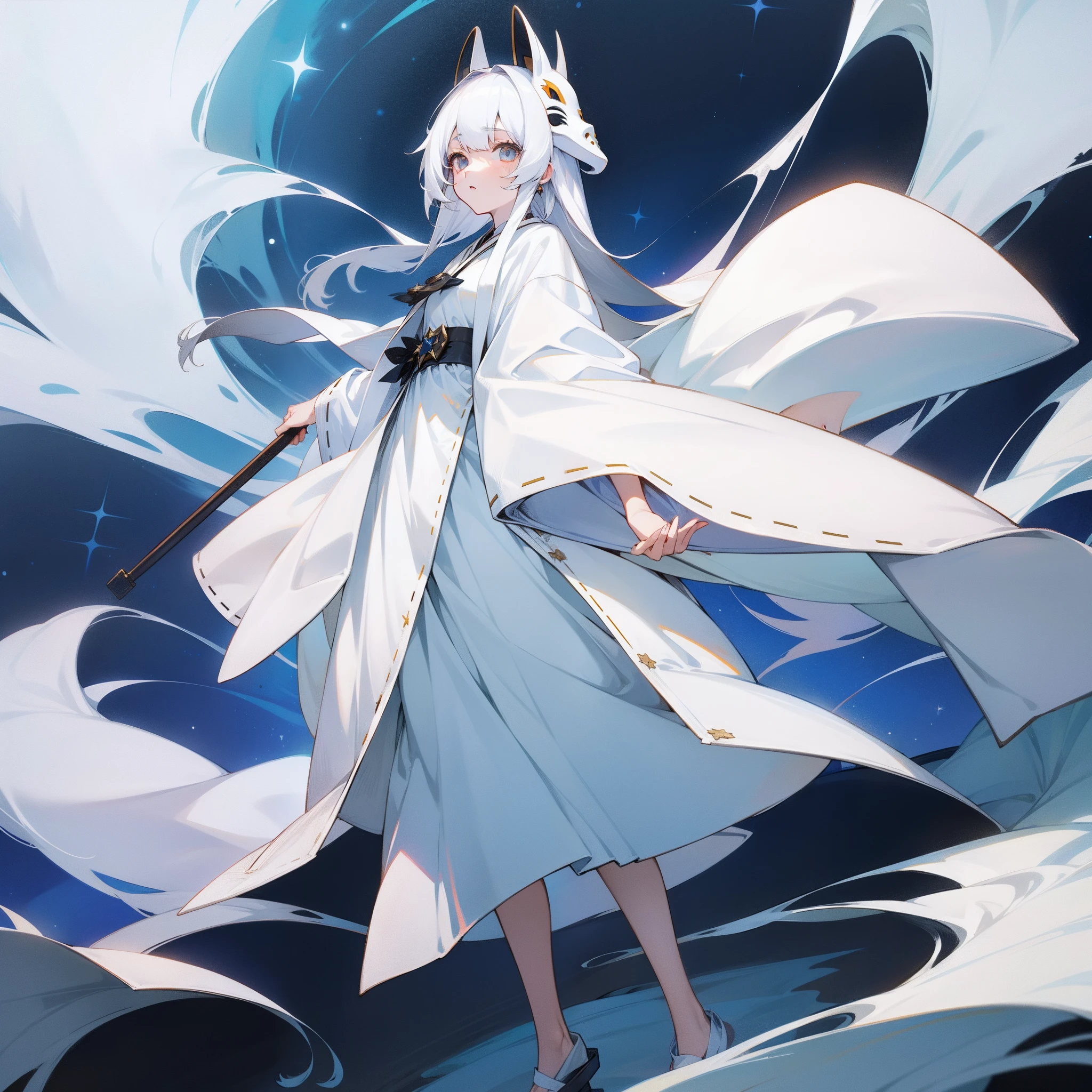 White eyes,Platypus mask,long white robe,white color hair,teens girl,Kamimei,Starry sky elements