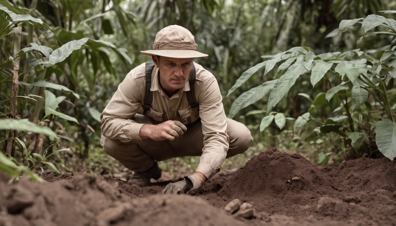 Hyper-realistic image of a sweaty archaeologist carefully digging with a small shovel at a large archaeological site in the dense tropical forest. He wears beige uniform, explorer hat and gloves. In the background, partially vegetation-covered stone ruins.