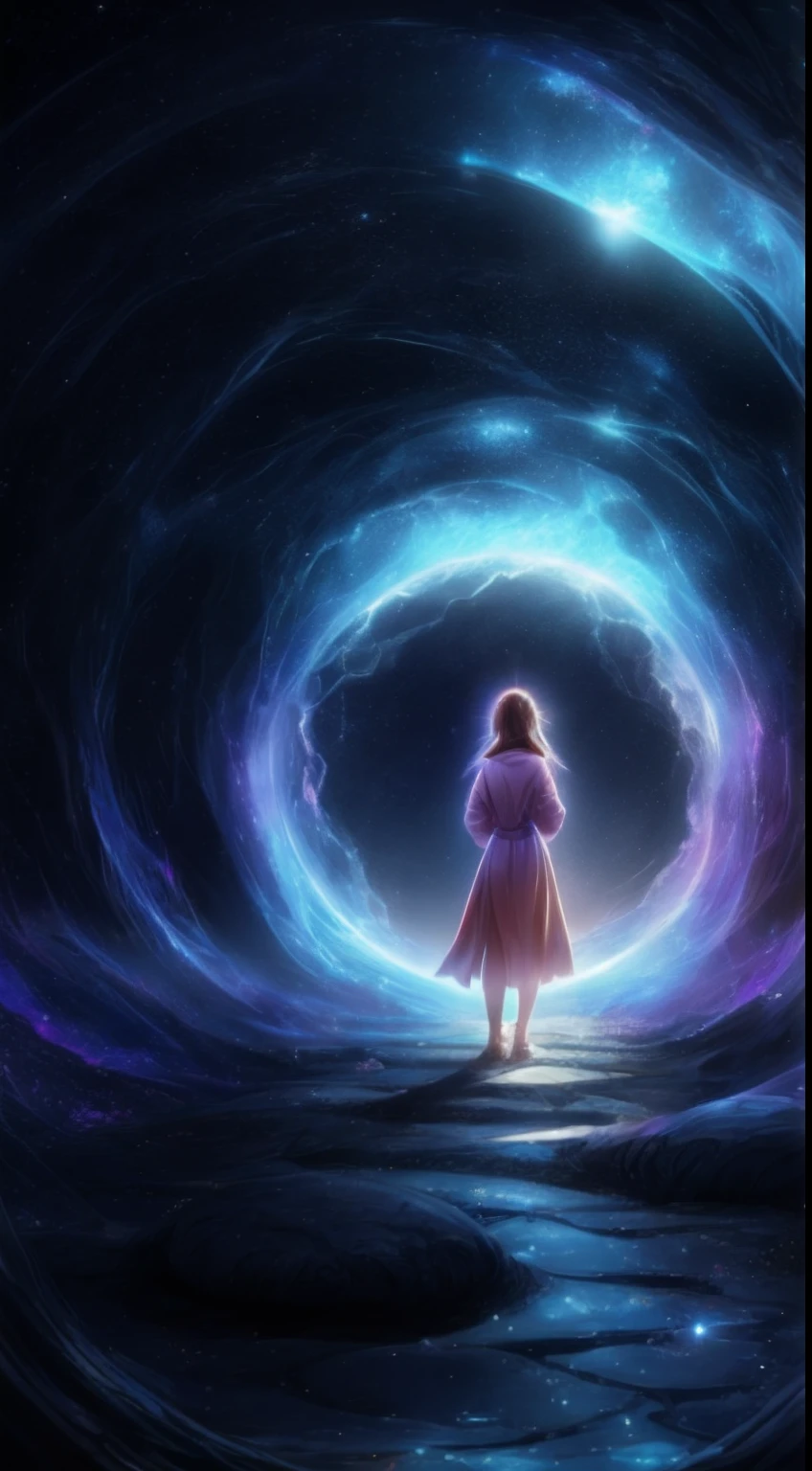 person, standing in front of a space portal overlooking the sun, cyril rolando and goro fujita, gateway to another universe, Inspired by Cyril Rolando, gateway to another dimension, world, visible only through the portal, High quality fantasy stock photo, portal to another world, portal to outer space, In the style of Cyril Rolando, Looking into space, Universe, Magical Galactic Portal, The Cycle of the Stars, God