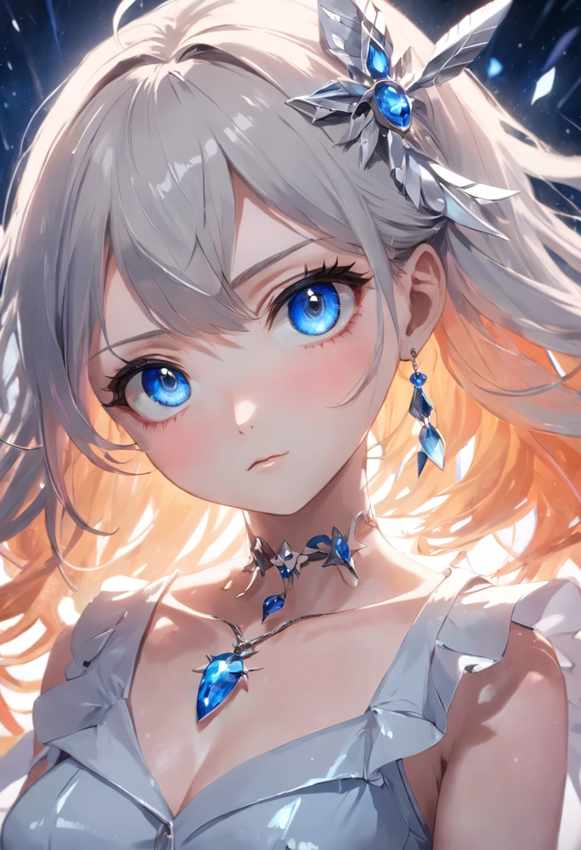 tmasterpiece,Need,illustration,Sax Blue,Platinum Earrings,Platinum Necklace,whiteskirt,1girl,adolable,(Dinamic Light:1.2),cinematric light,Delicate facial features,詳細な目,Sharp pupils,realistic pupil,Angry expressions,Pout,depth of fields,Background bokeh,sharp fokus,(ultra - detailed,Halo,with light glowing:1.4),Many small gemstones
