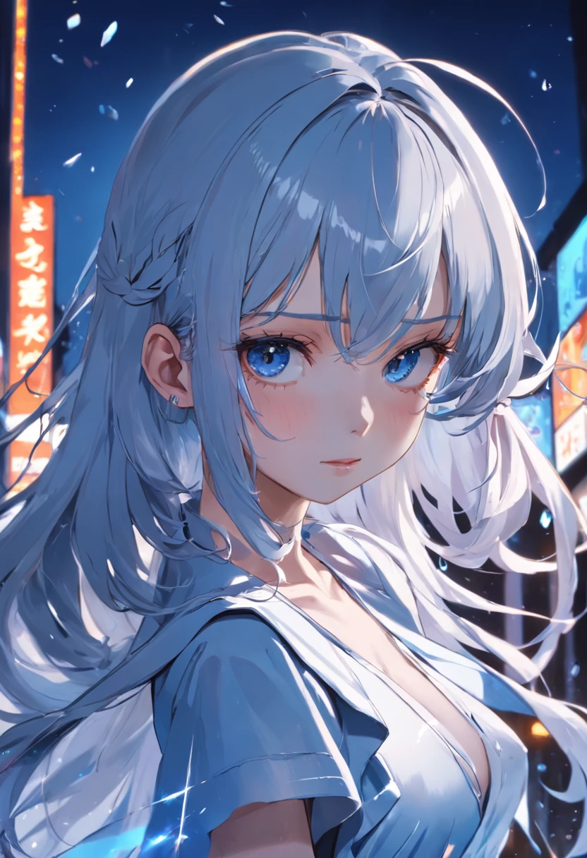 tmasterpiece,Need,illustration,Sax Blue,Platinum Earrings,Platinum Necklace,whiteskirt,1girl,adolable,(Dinamic Light:1.2),cinematric light,Delicate facial features,詳細な目,Sharp pupils,realistic pupil,Angry expressions,Pout,depth of fields,Background bokeh,sharp fokus,(ultra - detailed,Halo,with light glowing:1.4),Many small gemstones