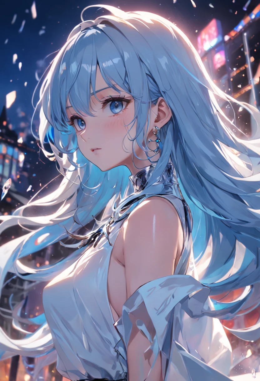 (melhor qualidade，tmasterpiece), menina adolescente bonita, deusa bonita, deusa sexy, Espadas, guindaste branco, The right hand, A long, flowing dress, Pernas delgadas Cabelos prateados, Por franja, Amarre um rabo de cavalo,  Beautiful hair accessories, cenas detalhadas, a noite, starly sky, luz fria, lua cheia, (em rosa, cores brancas, cores ciano), ((de lado)), ((parte superior do corpo)), ((Realistic))