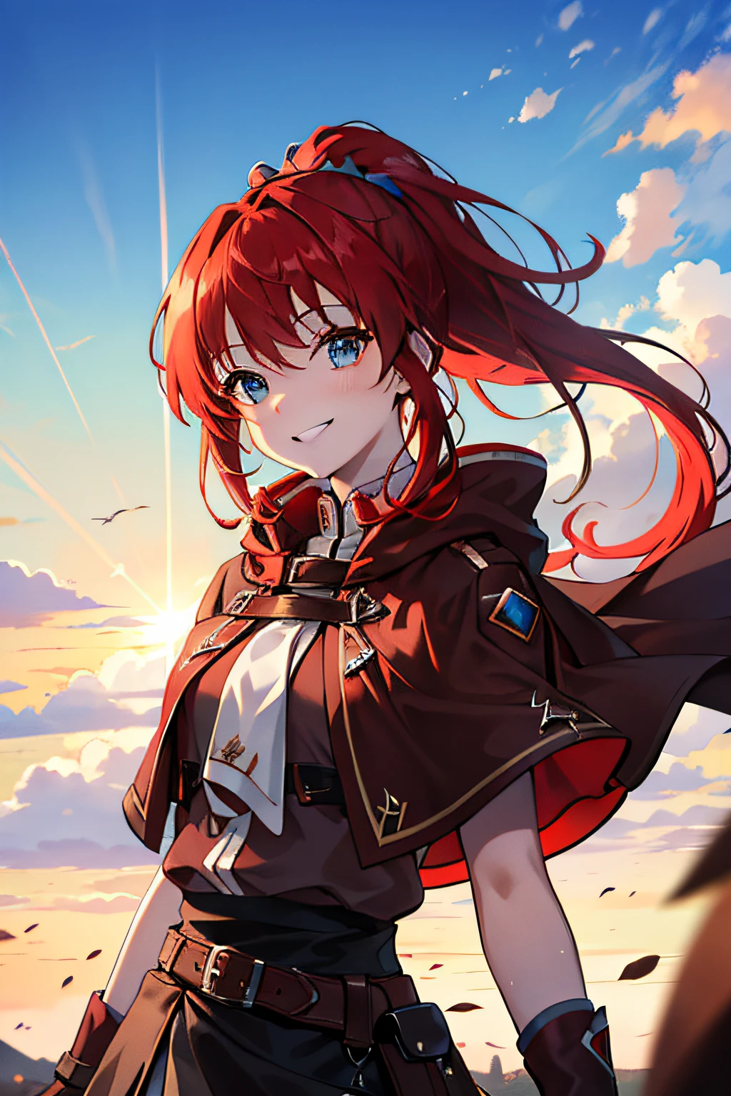 masterpiece, best quality, 1girl, (red hair), ((ponytail)), (long hair), blue eyes, smiling, happy, in the sky, light sky, blue sky, flying, flying in the sky, ((flying in the air)), ((wearing a brown cloak)), (black skirt), clouds, the sun
