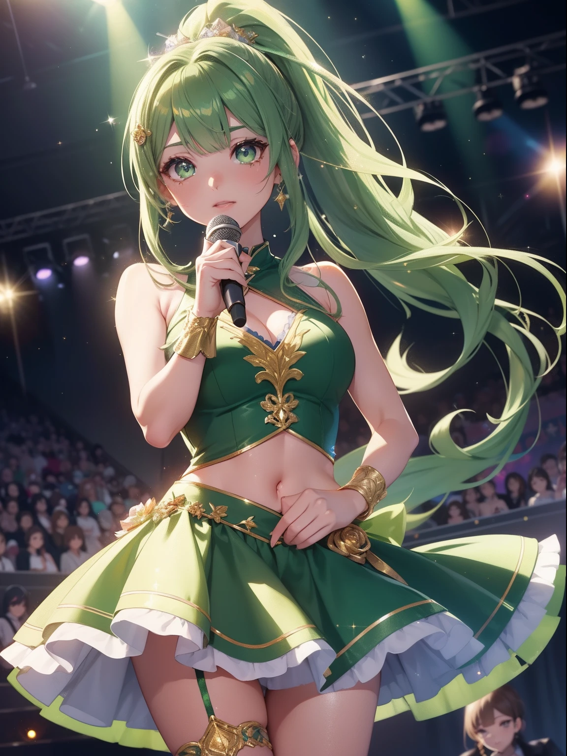 masutepiece, High resolution, 8K, anime woman, Delicate and detailed writing 、Detailed digital illustration、absurdly long hair、(((Ponytail)))、Shiny hair、a very beautiful woman、Eyes are double, Large,Little hanging eyes、 Bust E Cup、High image quality, High quality、Detailed background、(((Wearing idol clothes)))、((Glittering live stage backdrop))、The inside of the eye shines like a diamond、(((Dark green hair)))、Gradient pupil、(((2 arms、4 fingers, 1 thumb)))、Detailed female face、a very beautiful woman、、细致背景、​masterpiece、Soft Focus , Bright gradient watercolor , Lens Flare , (((Glitter))) , Glow , Dreamy , (((Holding the microphone in her hand)))、a miniskirt、Idol、Light Green Ribbon、Very beautiful light green rose hair accessories、Light green and gold costume with white as the main color、((POV))、Cool Girl).Tall lady、Dignified.((oblique bangs))、Dynamic Poses