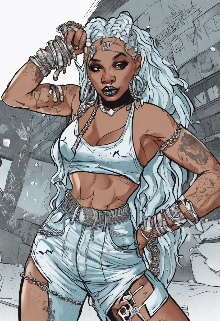 "Hardcore, ruthless, macabre, badass ice queen girl rapper with an intimidating and arrogant aura. She hails from the ghettos, representing the ice-cold gangsta culture of the West Coast. Her hair is adorned with icy crystal accents, and she rocks a baggy, saggy hip hop attire. Strike a pose with hip hop stances."