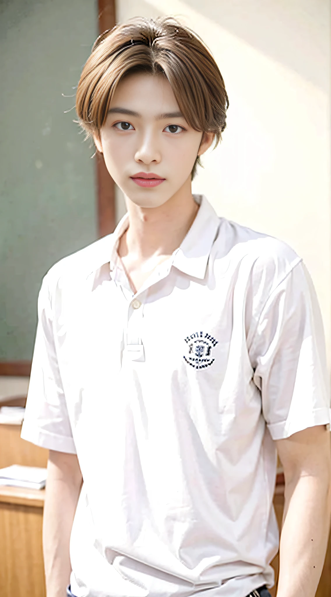 tmasterpiece,best qualtiy,hight resolution,超A high resolution,1 male、Johnny's,realisticlying,Young men,韓国アイドル、Handsome face,natural soft light,looking at viewert,student clothes、Classroom