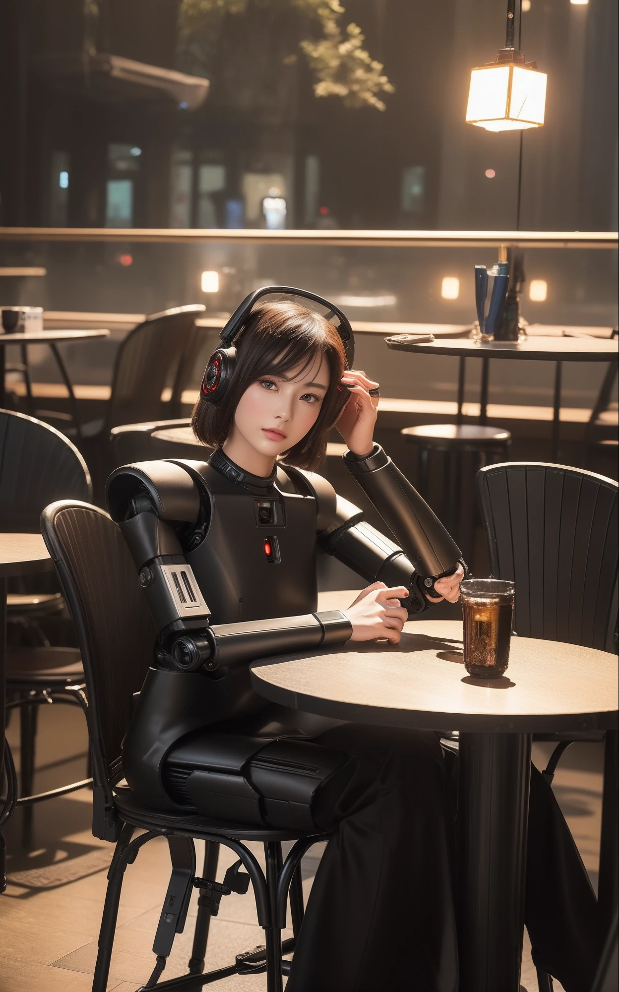 (top-quality、超A high resolution、8K、​masterpiece、realisitic、Photorealsitic)、(Humanoid Droid:1.4)、1 body、Droid with beautiful female face、Sexy Droid、upper Shot、(Reading:1.3、Sitting on a chair)、looking in camera、(cafes:1.2)、Bright atmosphere、Bright lighting