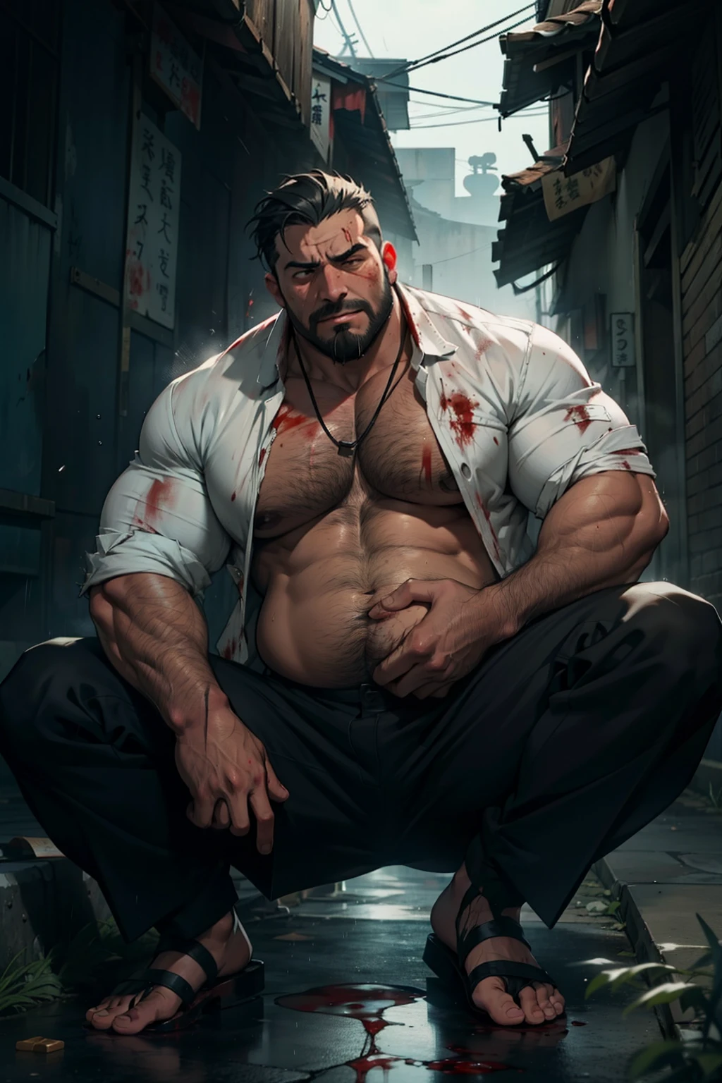 natta,Dark back alleys,No light,A man lying with wounds all over his body,Fall without power,Fat man,jpn,uncle,Metapo,I have a big belly,regent,little beard,The face is large,Thick body hair,bloody wounds,He had a frustrated expression on his face,Wearing a tattered white jacket,I was wearing ripped black slacks,Blood oozed from the torn place,There was a pool of blood under my feet,rough breath,Steaming,it is raining heavily,The body is dripping blood