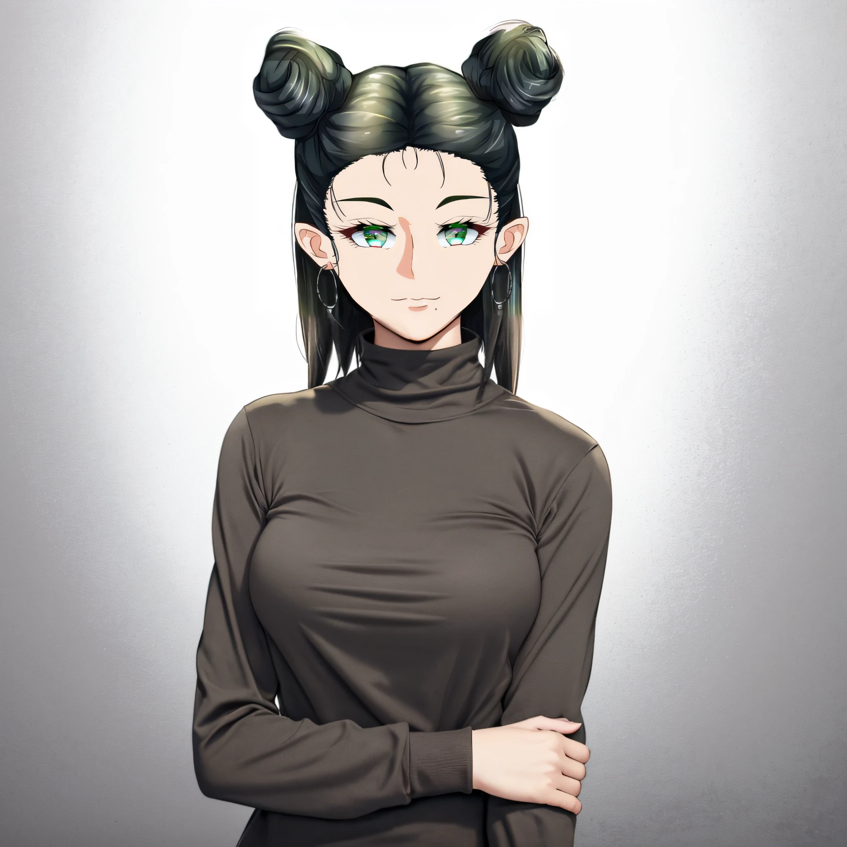 (((masterpiece))), (((best quality))), ((ultra-detailed)), (highly detailed CG illustration), ((an extremely delicate and beautiful)),((Dark grayish brown t-shirt:1.5)), ((plain t-shirt:1.5)),((long sleeves:1.5)),(Casual T-shirt),(From slight side:1.5), (The side of one arm is visible),(very loose T-shirt:1.2), (plain t-shirt), upper body,portrait of an anime girl, (t-shirt without patterns:1.5), ((t-shirt without logo:1.6)), t-shirt,1girl, solo,Dark grayish hair, green eyes, looking at viewer,smiling,bad-girl,anime girl with twin bun hairstyle, ((double bun hair:1.3)), ((medium breasts:1.3)), cute natural anime face, detailed anime soft face, cute anime face, flat anime style shading, face anime portrait, made with anime painter studio, semirealistic anime style, perfect anime face, extremely cute anime girl face, high detailed face anime, pretty anime face, semi realistic anime, detailed anime face