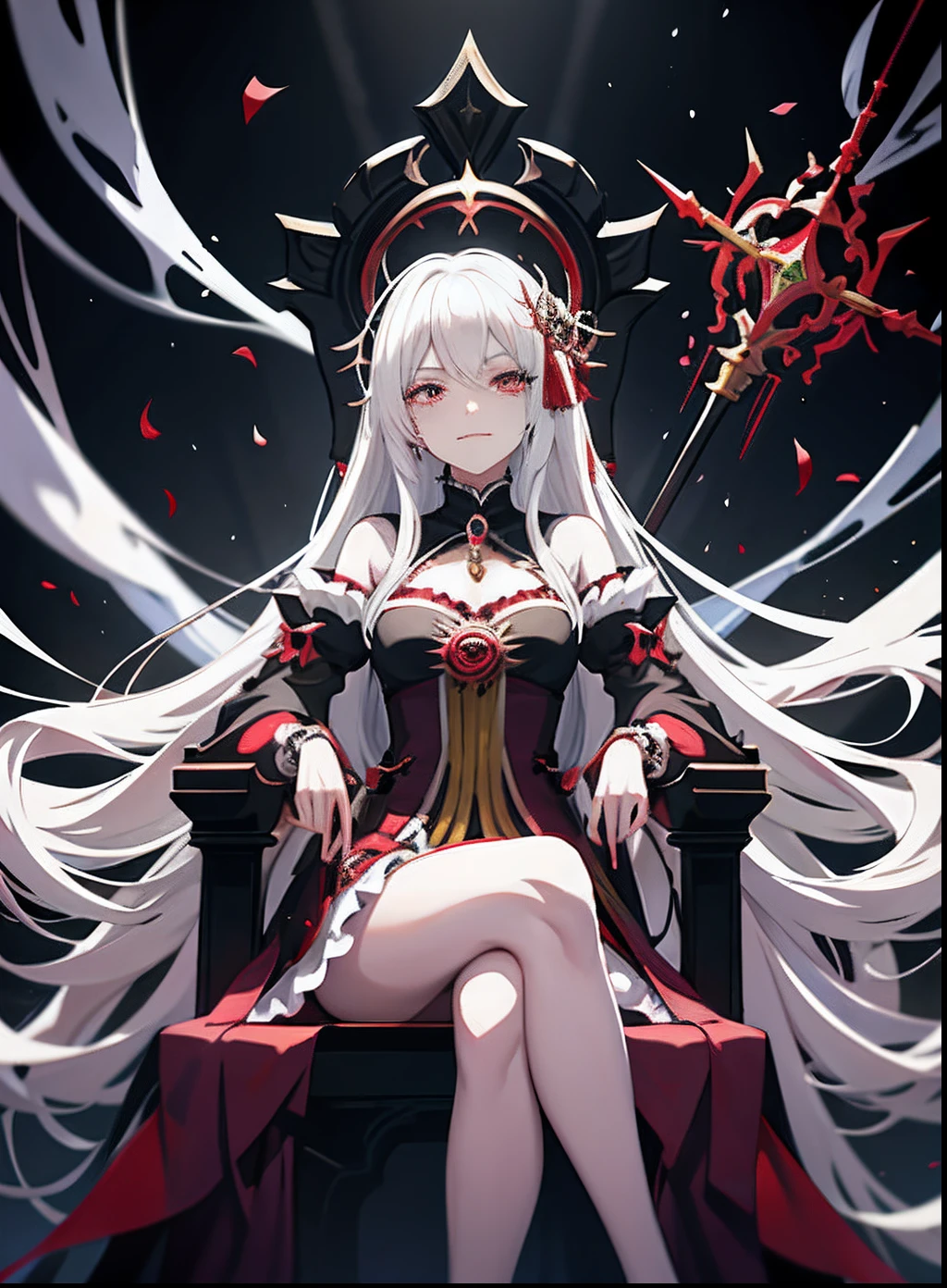 Anime girl sitting on a throne, shalltear bloodfallen, white-haired god, Ayaka Genshin impact, roguish smirk, Splash art anime , Kushatt Krenz Key Art Women, shalltear from overlord, lolidress, Detailed key anime art, nefarious smirk