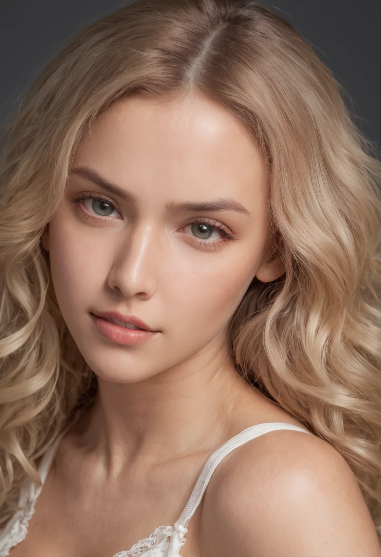 ((best quality)), ((masterpiece)), (detailed), perfect blonde face, a Narrow chin shaped face features, Clear, smooth skin, Balanced proportions,fallow the The Golden Ratio rule while creating face,Large, expressive eyes,High wide upper cheekbones, and thin lower cheekbones , Full closed lips,A defined jawline, wide upper jawline and thin lower jawline, Beautiful portrait of a 26 year young russian girl with a russian appearance,white background
