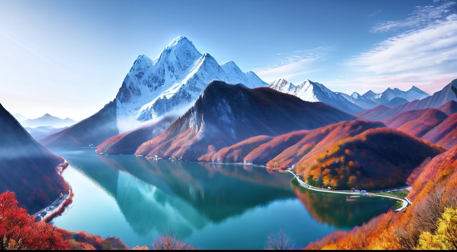 a beautiful korean mountain with lake, (masterpiece), (portrait), (raw photo), (extremely detailed CG unity 8k wallpaper) Intricate, Sharp focus, dramatic, photorealistic  art