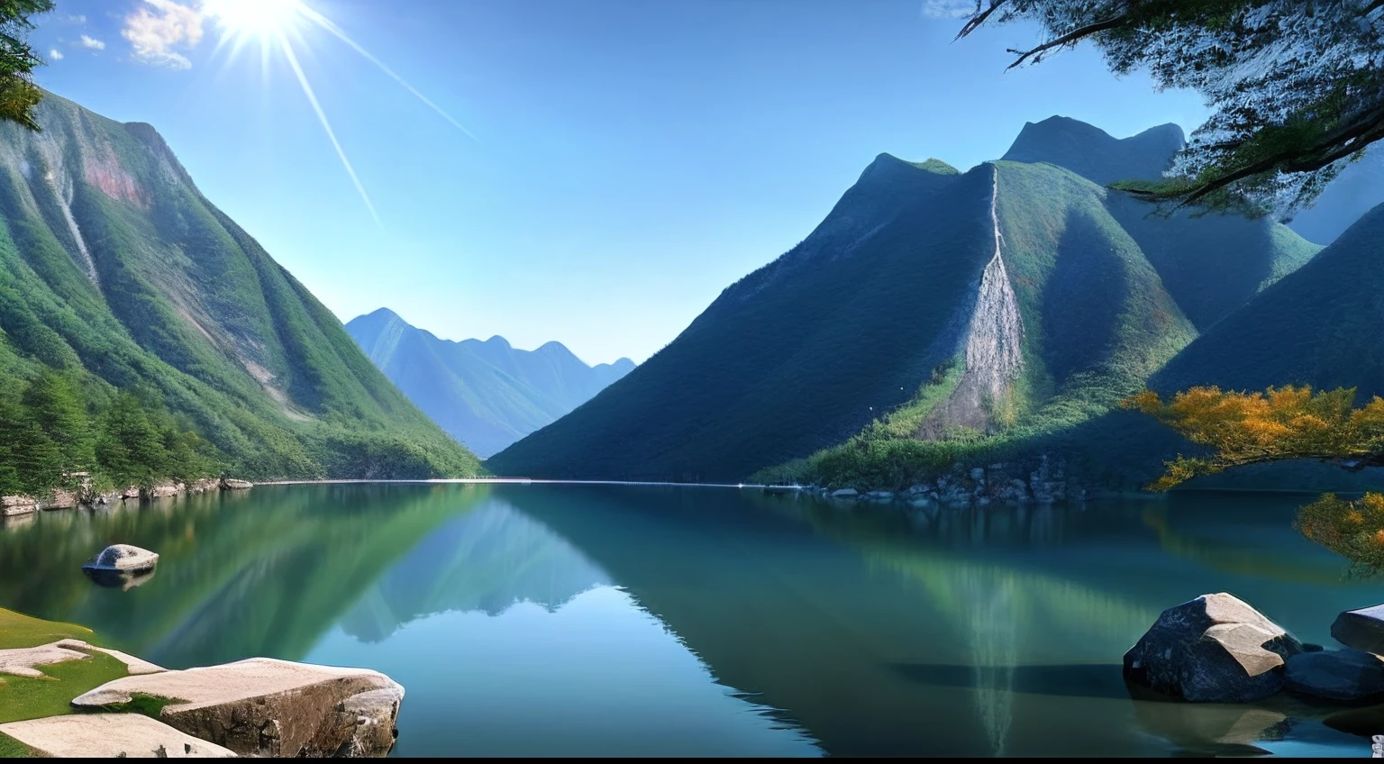 a beautiful korean mountain with lake, (masterpiece), (portrait), (raw photo), (extremely detailed CG unity 8k wallpaper) Intricate, Sharp focus, dramatic, photorealistic art