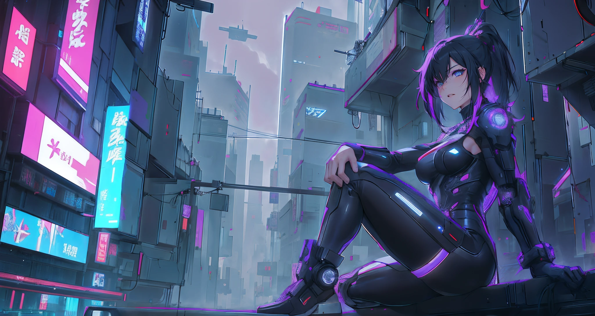 I want you to create it by anticipating the continuation on the left。
Cyber girl sitting on a ledge in the city at night。Cyberpunk anime art envelops her as digital worlds intersect。Modern cyberpunk art style illuminated by neon lights、It depicts a fusion of an anime girl and a mecha.。This art with a cyberpunk theme is、Feel like a dreamy future。With the scenery of a cyberpunk city lined with skyscrapers、Her presence is enchanting,、It seems to be wrapped in a mysterious magic。