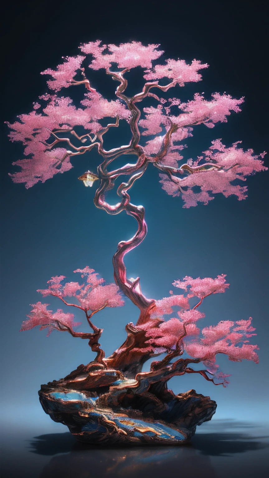 best quality, realistic, photorealistic, ultra detailed, Rich colors，blue colors，in pink，red colour，cyan colors，golden colored，argent
((Miniature landscape)),(The Chinese architecture)，Divine Tree，透光
highly detailed carving on "southern ice" porcelain,
Ultra wide angle,Accent Lighting,Volumetric Lighting,backlighting, (detailed light),((an extremely delicate and beautiful)),dramatic_shadow,ray_tracing,hdr