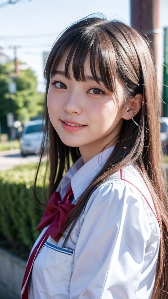 ulzzang -6500-v1.1, (Raw foto:1.2), (Photorealsitic:1.4), a beautiful detailed girl, extremely detailed eye and face, Oversized smile,beatiful detailed eyes, Ridiculous, Frontal Face,head shot, Front view, unbelievable Ridiculous, huge filesize, ultra-detailliert, hight resolution, ighly detailed, top-quality, masterpiece, Kemomimi, ((Japanese girls' high school uniform)), illustratio, ighly detailed, nffsw, unification, 8k wallpaper, magnifica, finely detail, masterpiece, top-quality, Highly detailed ticker uniform 8K wallpaper, Light on the Face、电影灯光、16yo girl,At the intersection