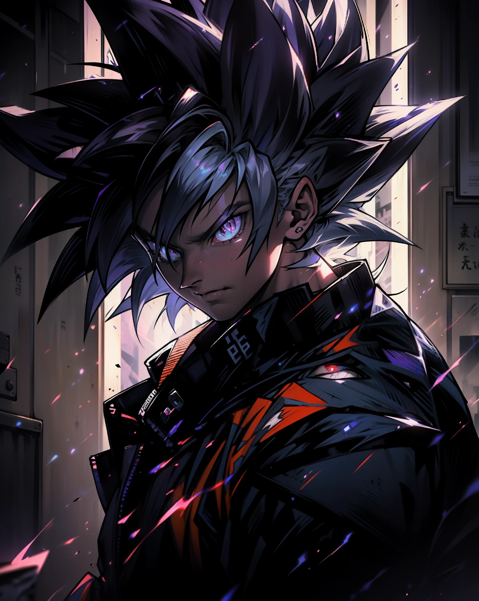 Son Goku transforming into Ultra Instinct surrounded by Violet Aura and lightning full body shot, 4k, white Hair, Silver Pupils, high details, epic, cinematic