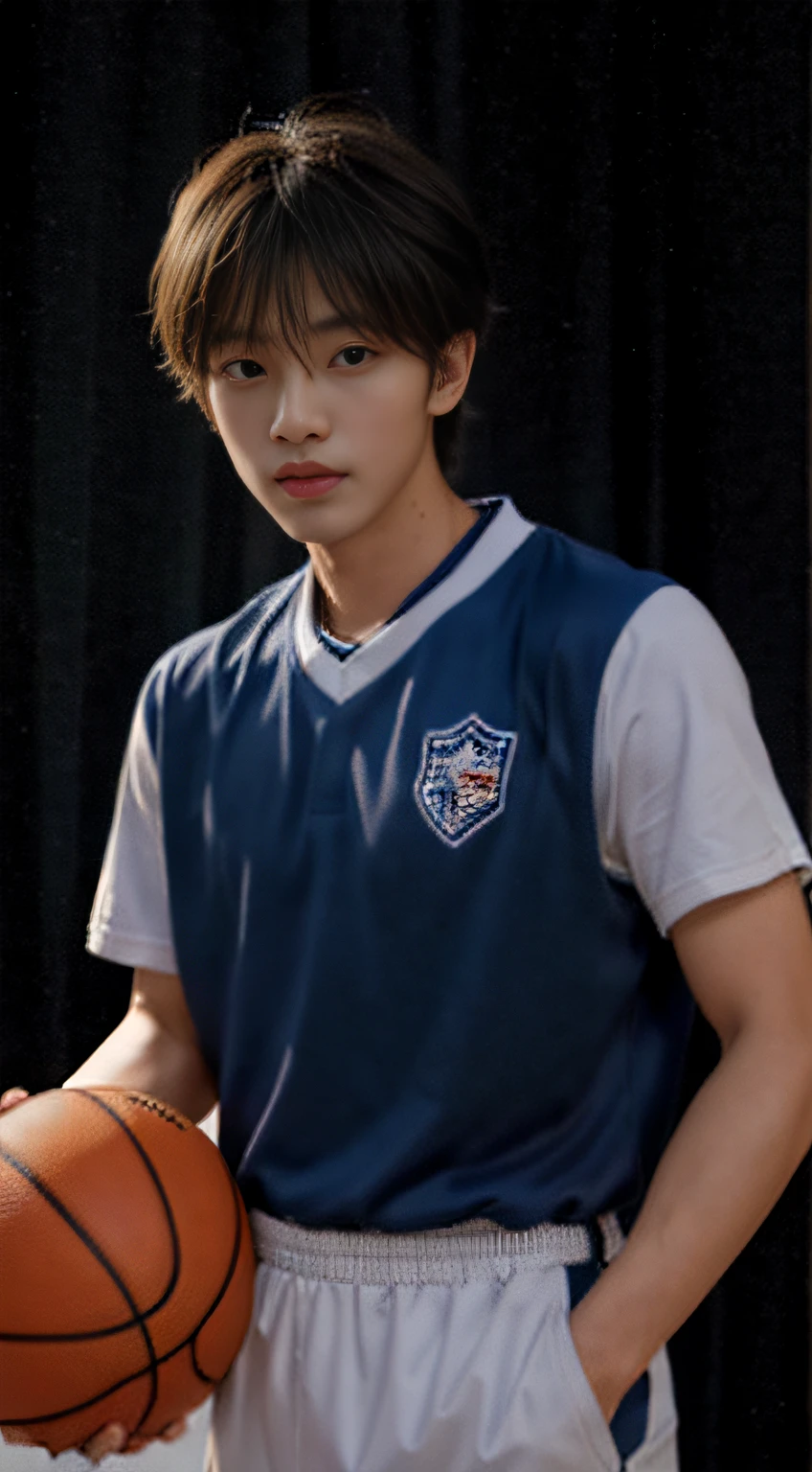 tmasterpiece，best qualtiy，One cool boy、beautiful countenance、hight resolution，超A high resolution，realisticlying、韓国アイドル、Handsome face、natural soft light，looking at viewert，basket ball uniform、Basketball court