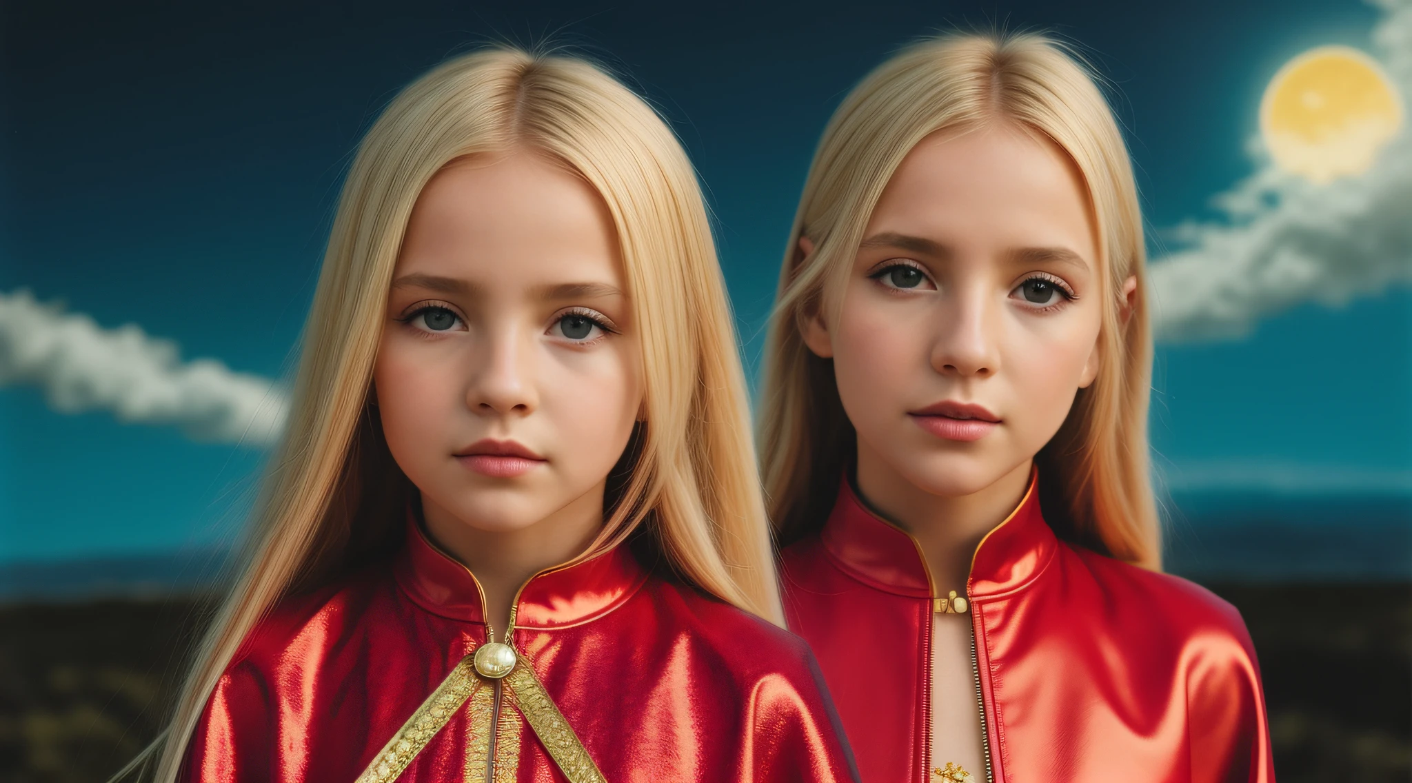 KIDS GIRLS, BLONDE LONG HAIR com um capuz vermelho em um fundo vermelho, um close up, Erosions, scorpions, Caparisons, Album art, prop rocks, album cape, chifres vermelhos, new album cover, Arte Oficial, Arte Promocional, Arcontes, rochas afiadas, rochas alaranjadas, Explosions, rochas), alternate album cover, Variations, progressive rock album cover, album cape!