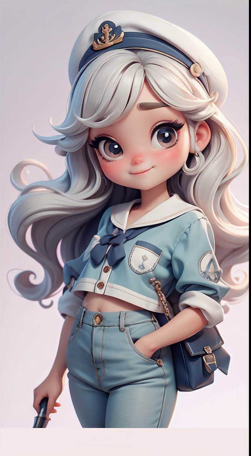 Create a series of cute cute baby chibi style dolls with a cute sailor theme, each with lots of detail and in an 8K resolution. All dolls should follow the same solid background pattern and be complete in the image, mostrando o (corpo inteiro, incluindo as pernas: 1.5)

Boneca Mini marinheiro: Chame-a de Marina. Ela deve ter cabelo pequeno em tom multicolorido. Seus olhos devem ser grandes e expressivos, with long eyelashes and rosy cheeks. Sorriso delicado e branco. Marina deve estar vestida com uma camisa, Camiseta, trousers and an ornate sailor's hat. She must hold navigation accessories. Certifique-se de adicionar detalhes nas roupas, such as buttons and pockets, sapato bonito

Certifique-se de adicionar sombras, texturas e detalhes nos cabelos, roupas, Safari utensils, to make them even more adorable and charming.