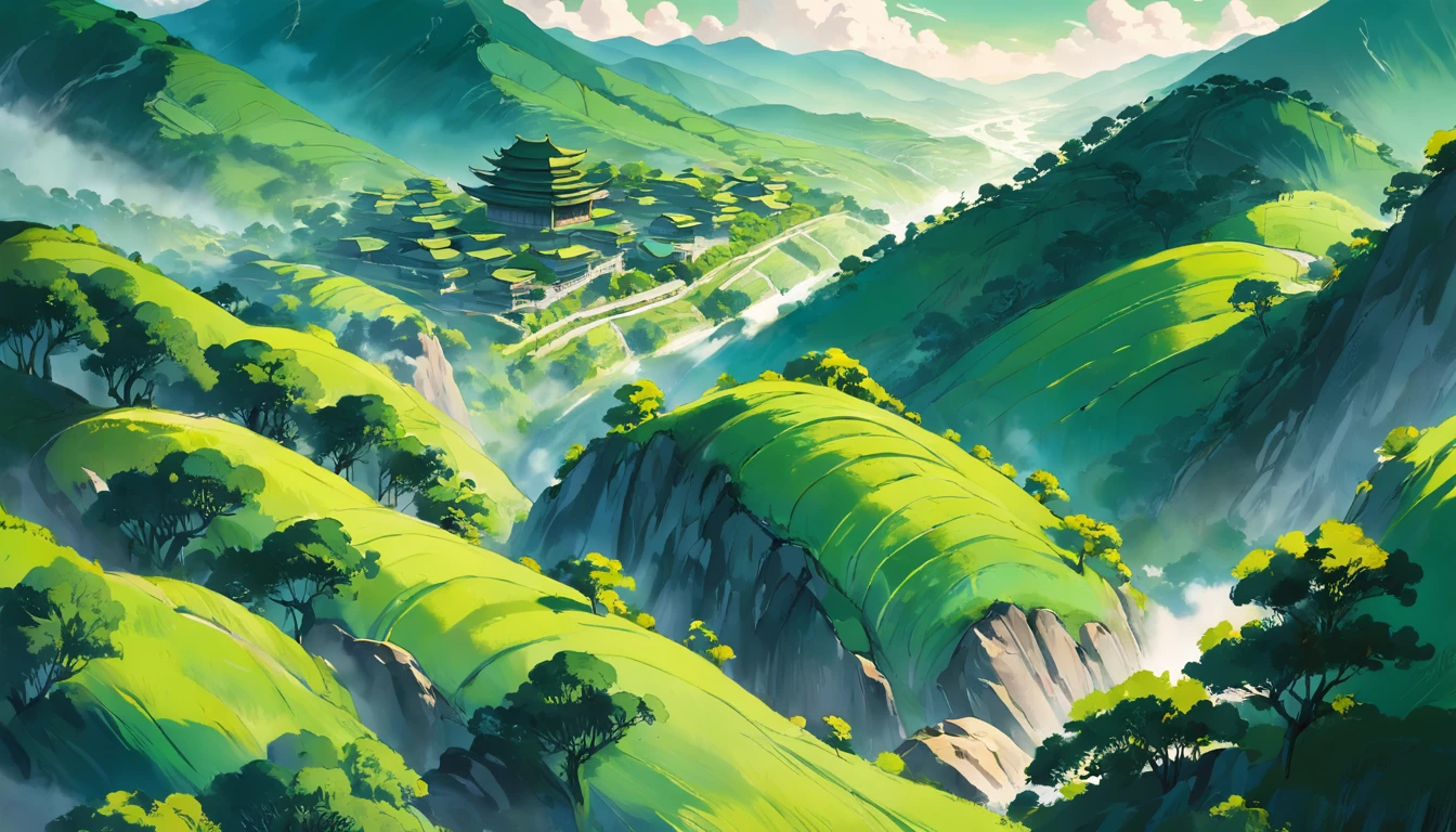 Chinese Landscape Ink Painting High Angle Perspective OC Rendered Sculpture, green trees and green hills, morning vibes with sun, 4K