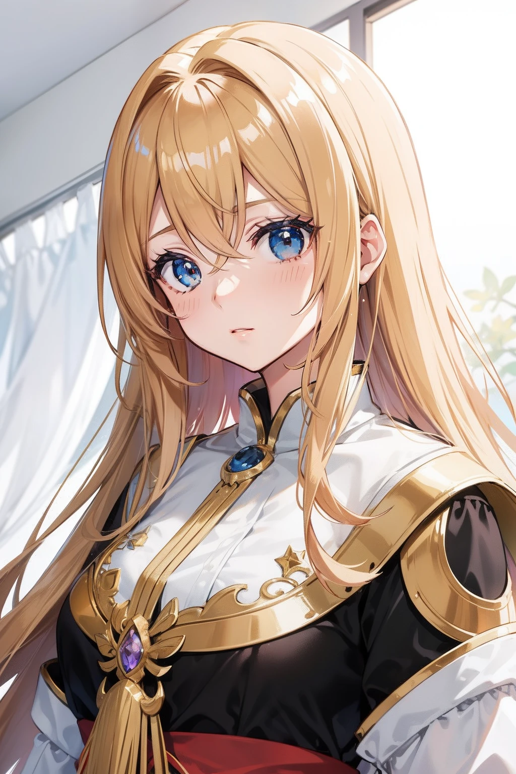 (anime) uma  de cabelos dourado com vestido branco e olhos vermelhos e azuis numa floresta