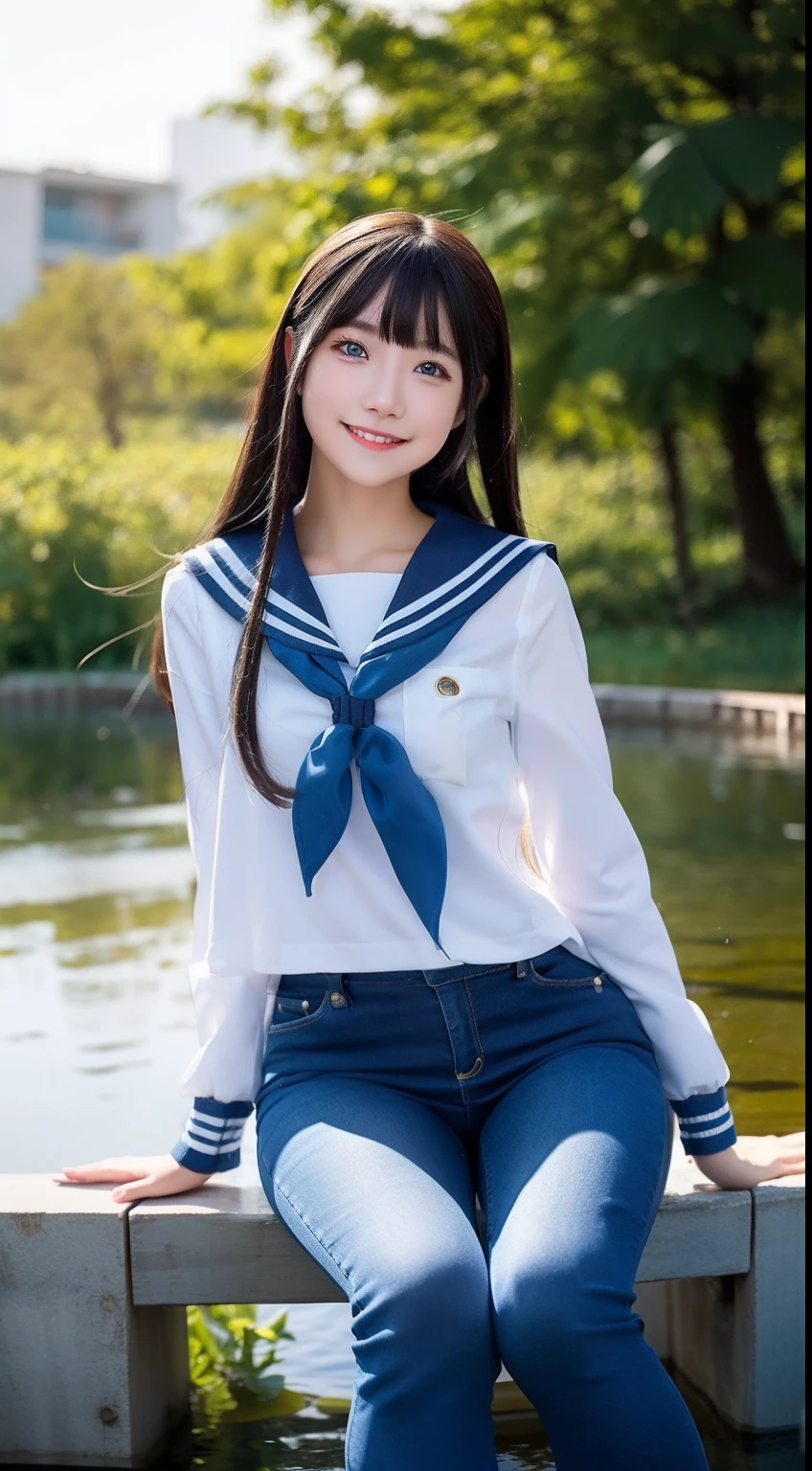 A smiling girl，In sailor suit，Blue skinny jeans，sitting at a pond，com rosto detalhado，The eyes are delicate，The photo quality is the best，Realistic image quality，Background diffuse lighting，Depth of field display。