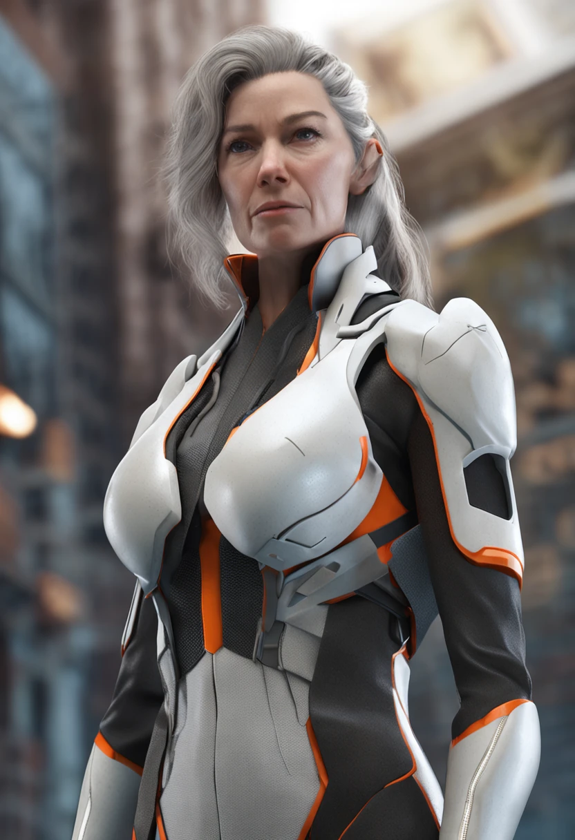 best quality, ultra high res, (photorealistic:1.4), masterpiece, 1woman, white skin color, grey_eyes , ponytail_hair, hair_style_ponytail, grey_hair, tight_suit, revealing_clothes, gauntlets, sleeveless, blue_outfit, soft_lips, make up, looking_at_viewer, looking_back, nose, photo_\(medium\), photorealistic, realistic, solo, upper_body, mature woman, serious woman, strong, lab background, labratory background, spaceship background