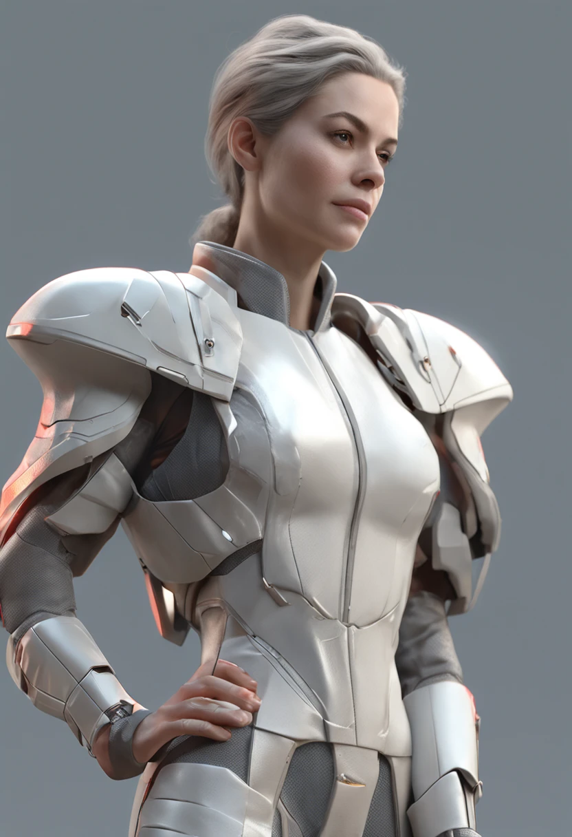 best quality, ultra high res, (photorealistic:1.4), masterpiece, 1woman, white skin color, grey_eyes , ponytail_hair, hair_style_ponytail, grey_hair, tight_suit, revealing_clothes, gauntlets, sleeveless, blue_outfit, soft_lips, make up, looking_at_viewer, looking_back, nose, photo_\(medium\), photorealistic, realistic, solo, upper_body, mature woman, serious woman, strong, lab background, labratory background, spaceship background