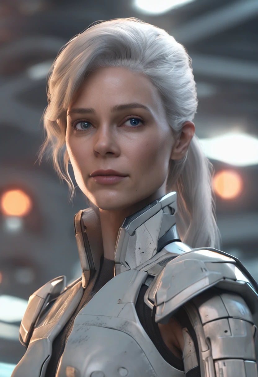 best quality, ultra high res, (photorealistic:1.4), masterpiece, 1woman, white skin color, grey_eyes , ponytail_hair, hair_style_ponytail, grey_hair, tight_suit, revealing_clothes, gauntlets, sleeveless, blue_outfit, soft_lips, make up, looking_at_viewer, looking_back, nose, photo_\(medium\), photorealistic, realistic, solo, upper_body, mature woman, serious woman, strong, lab background, labratory background, spaceship background