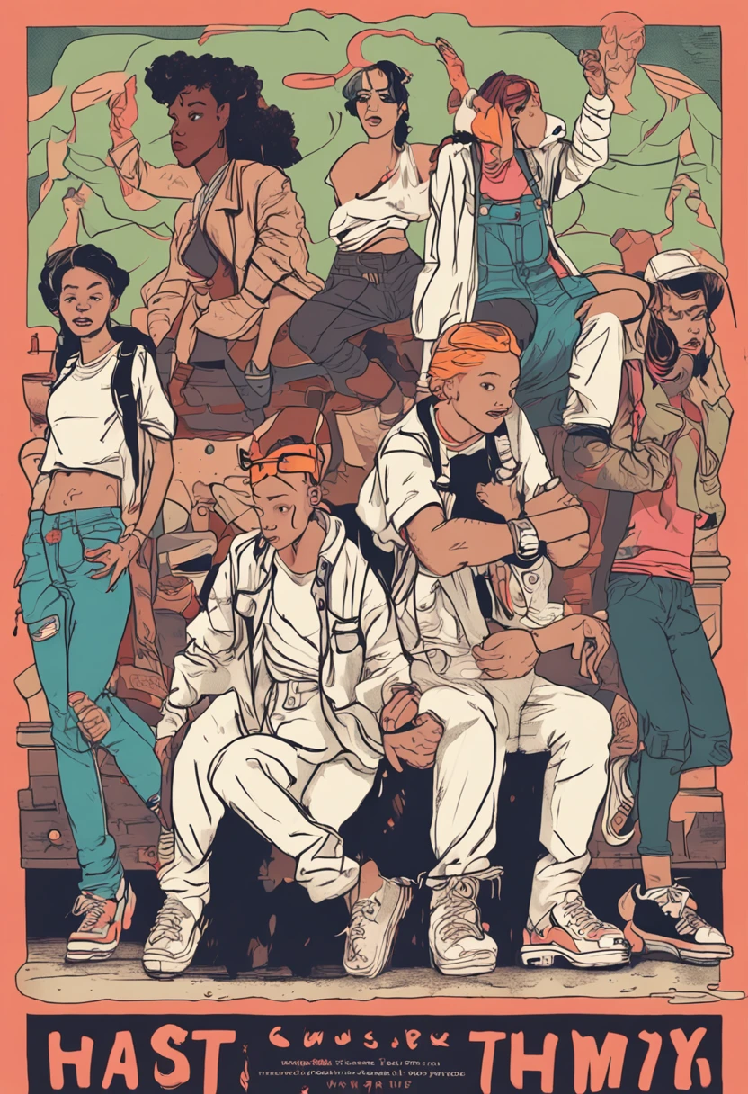fullbody lgtbqia queercore tomboy business females hip hop tomboy crew huddle very close in white dungarees leaning on each other gangsta energetic lively hip hop stance, impossible badass choreography gang signs