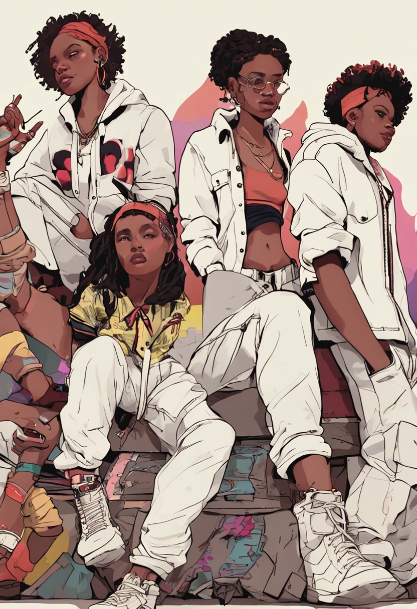 fullbody lgtbqia queercore tomboy business females hip hop tomboy crew huddle very close in white dungarees leaning on each other gangsta energetic lively hip hop stance, impossible badass choreography gang signs