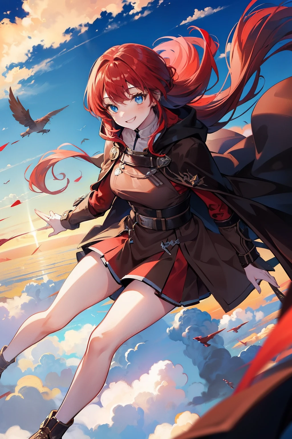 masterpiece, best quality, 1girl, (red hair), pony tail, long hair, blue eyes, smiling, happy, in the sky, light sky, flying, flying in the sky, ((flying in the air)), ((wearing a brown cloak)), clouds, the sun