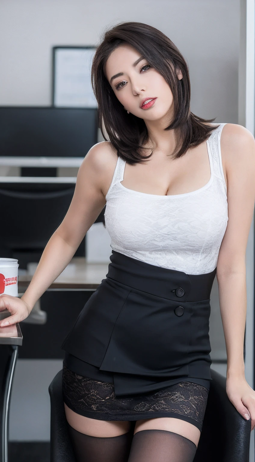 ((Best quality, 8K, Yes, Masterpiece :1.3)), Sharp focus :1.2, perfect figure beautiful woman:1.4, Slim abs:1.2, ((Layered Hair Style, huge tit:1.2)), (Tank top shirt:1.1 ), (the street:1.2), Highly detailed facial and skin texture, A detailed eye, 二重まぶた， seductiv，Harnes，short  skirt，stewardess，cabelos preto e longos，Black lace stockings，Over-the-knee socks on office chairs，Skirt that wraps hips，Bigchest， High-definition facial features，8K
