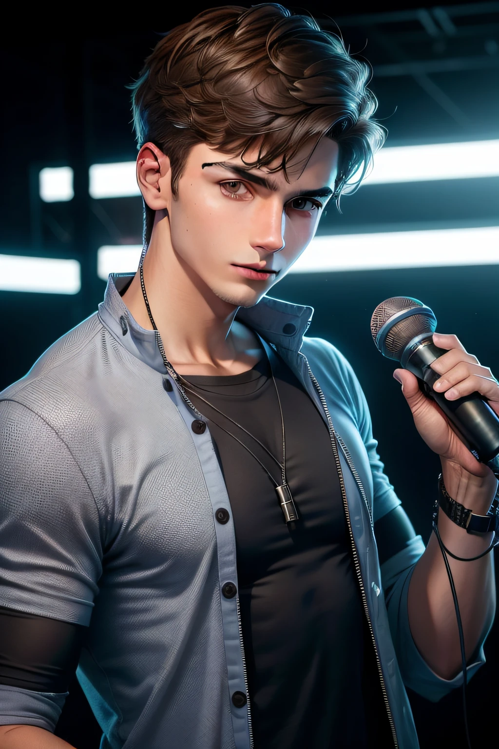 Journalist Male, casual clothing, with a microphone, upper body image, journalist style, wearing specialist clothing, photogenic upper body shot, male teenager, with microphone