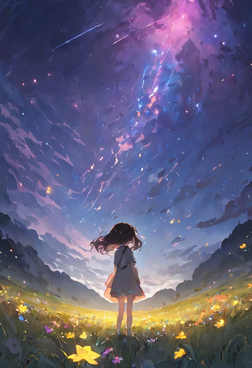 Expansive landscape photograph,(look from down,Above is the sky,Below are open fields),A little girl stood on a flower field and looked up,(moon full:1.2),(meteors:0.9),(Starcloud:1.3),Far Mountain, Tree BREAK making art,(Warm light source:1.2),(glowworm:1.2),lamp lights,Lots of purple and orange,Complicated details,Volumetric lighting BREAK(tmasterpiece:1.2),(best qualtiy),4K,ultra - detailed,(dynamic compositions:1.4),detail-rich,plethora of colors,(Irridescent color:1.2),(with light glowing,Atmospheric lighting),dream magical,magical,(独奏:1.