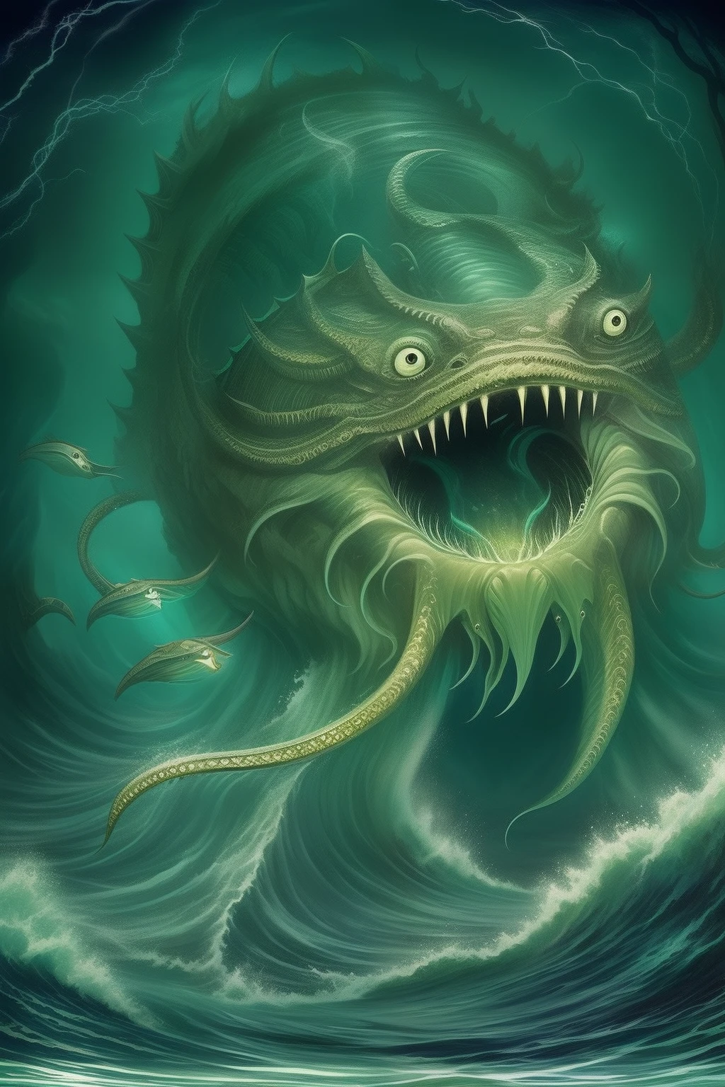 Create an illustration of a scary sea monster emerging from the depths of the ocean. The monster must have unique and menacing features, such as glowing scales, luminous eyes, and serpentine tentacles. The setting should be dark and mysterious, with rays of sunlight penetrating the deep waters to highlight the monster. The general atmosphere should evoke a sense of wonder and awe at the sheer size of the monsters that inhabit the ocean.
