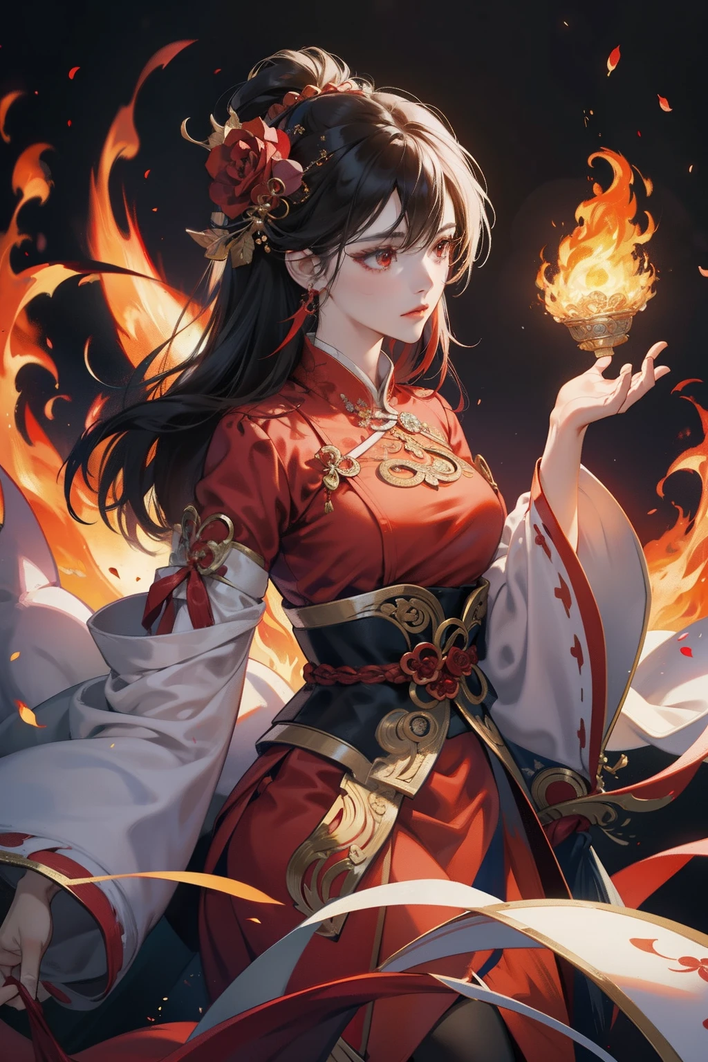 A woman in a red dress，Holding a red rose in his hand, Inspired by Du Jun's ultra-fine detail paintings, beautiful and seductive anime woman，Trend of CGsociety，Fantasy art, the butterfly goddess of fire, Chinese fantasy, Onmyoji detailed art, beautiful fantasy art, appears as the fire goddess, Beautiful character painting, ornate with fiery explosions,8K high quality detailed art