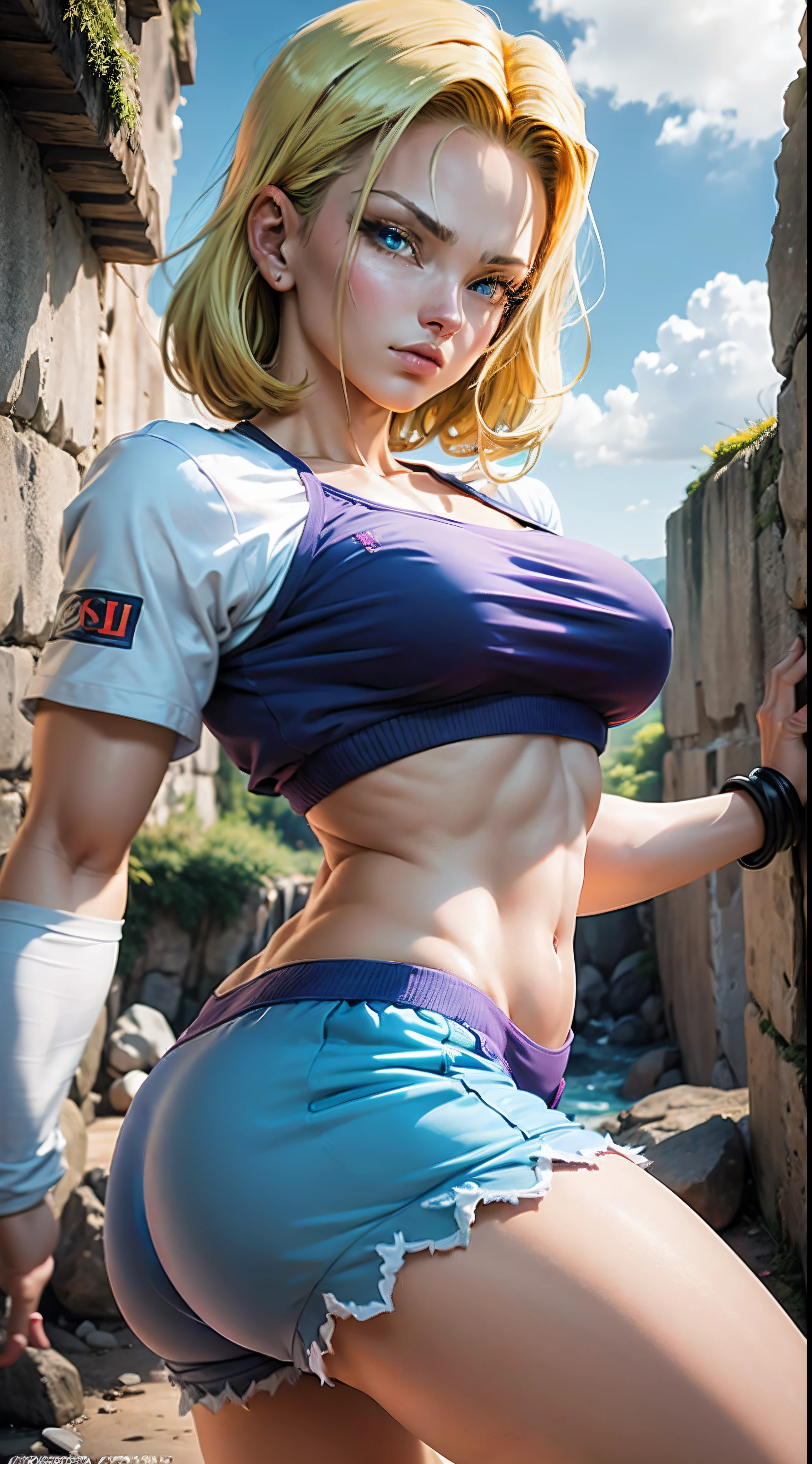 melhor imagem , HDR , Ultra resolution, Imagem 8k , Android 18 por Dragon Ball Z, 22 anos , pele branca, cabelos loiros e curto, coxas grossas , medium breasts to show , bikini latex azul e branco , roupas claro , labios molhados, nas ruas .
