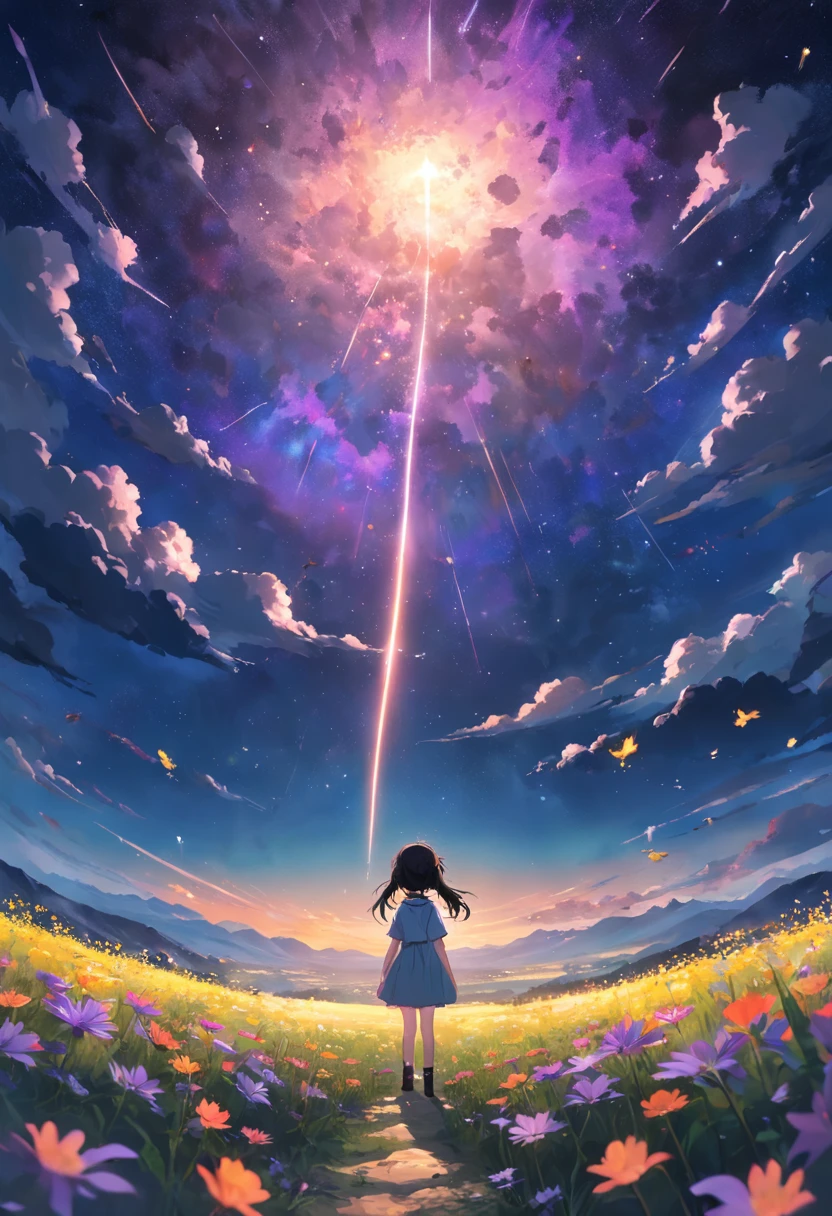 Expansive landscape photograph,(look from down,Above is the sky,Below are open fields),A stood on a flower field and looked up,(moon full:1.2),(meteors:0.9),(Starcloud:1.3),Far Mountain, Tree BREAK making art,(Warm light source:1.2),(glowworm:1.2),lamp lights,Lots of purple and orange,Complicated details,Volumetric lighting BREAK(tmasterpiece:1.2),(best qualtiy),4K,ultra - detailed,(dynamic compositions:1.4),detail-rich,plethora of colors,(Irridescent color:1.2),(with light glowing,Atmospheric lighting),dream magical,magical,(独奏:1.