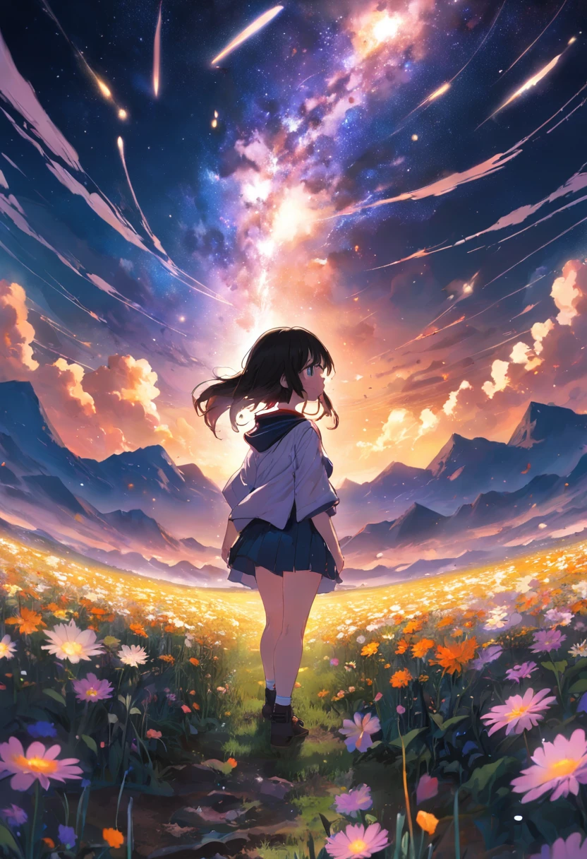 Expansive landscape photograph,(look from down,Above is the sky,Below are open fields),A stood on a flower field and looked up,(moon full:1.2),(meteors:0.9),(Starcloud:1.3),Far Mountain, Tree BREAK making art,(Warm light source:1.2),(glowworm:1.2),lamp lights,Lots of purple and orange,Complicated details,Volumetric lighting BREAK(tmasterpiece:1.2),(best qualtiy),4K,ultra - detailed,(dynamic compositions:1.4),detail-rich,plethora of colors,(Irridescent color:1.2),(with light glowing,Atmospheric lighting),dream magical,magical,(独奏:1.