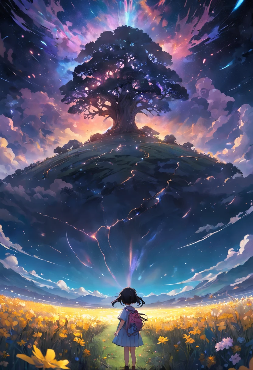 Expansive landscape photograph,(look from down,Above is the sky,Below are open fields),A little girl stood on a flower field and looked up,(moon full:1.2),(meteors:0.9),(Starcloud:1.3),Far Mountain, Tree BREAK making art,(Warm light source:1.2),(glowworm:1.2),lamp lights,Lots of purple and orange,Complicated details,Volumetric lighting BREAK(tmasterpiece:1.2),(best qualtiy),4K,ultra - detailed,(dynamic compositions:1.4),detail-rich,plethora of colors,(Irridescent color:1.2),(with light glowing,Atmospheric lighting),dream magical,magical,(独奏:1.